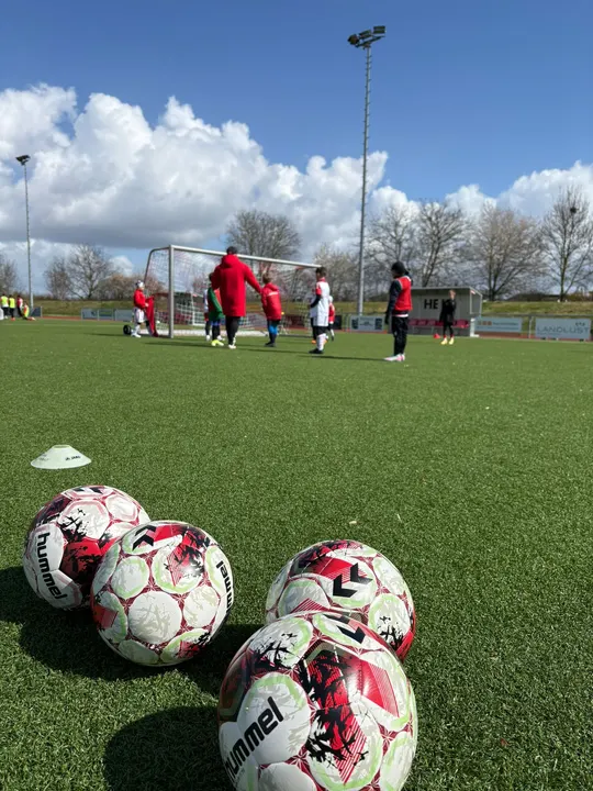 Vier Trainingsbälle liegen am Spielfeldrand, im Hintergrund läuft eine Übung am Tor