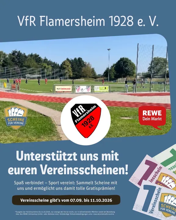 Sharepic des VfR Flamersheim 1928 e. V. zur REWE-Aktion Scheine für Vereine mit Vereinswappen, Sportplatz und Vereinsscheinen